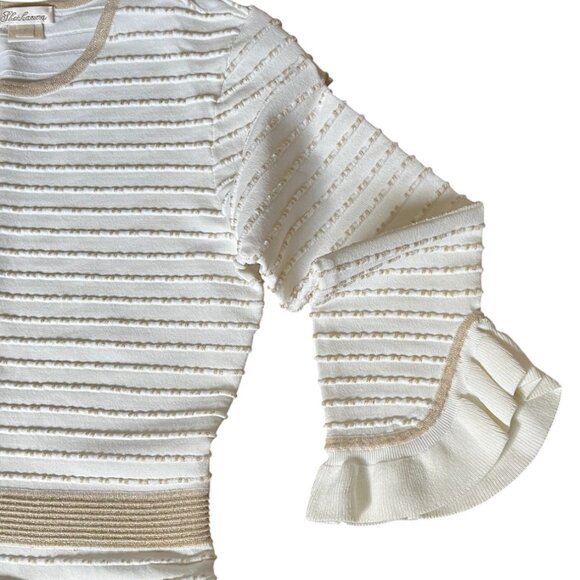Shoshana Dress Women’s Size S Fine Knit 3/4 Ruffle Sleeve Cream &  Gold Dress - Picture 4 of 6